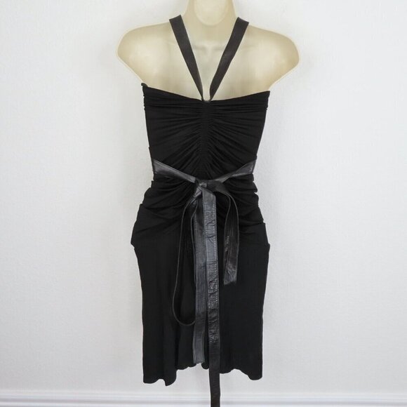 Donna Karan Medium Black Strapless Ruched Dress Leather Straps Union Made VTG - Picture 7 of 12
